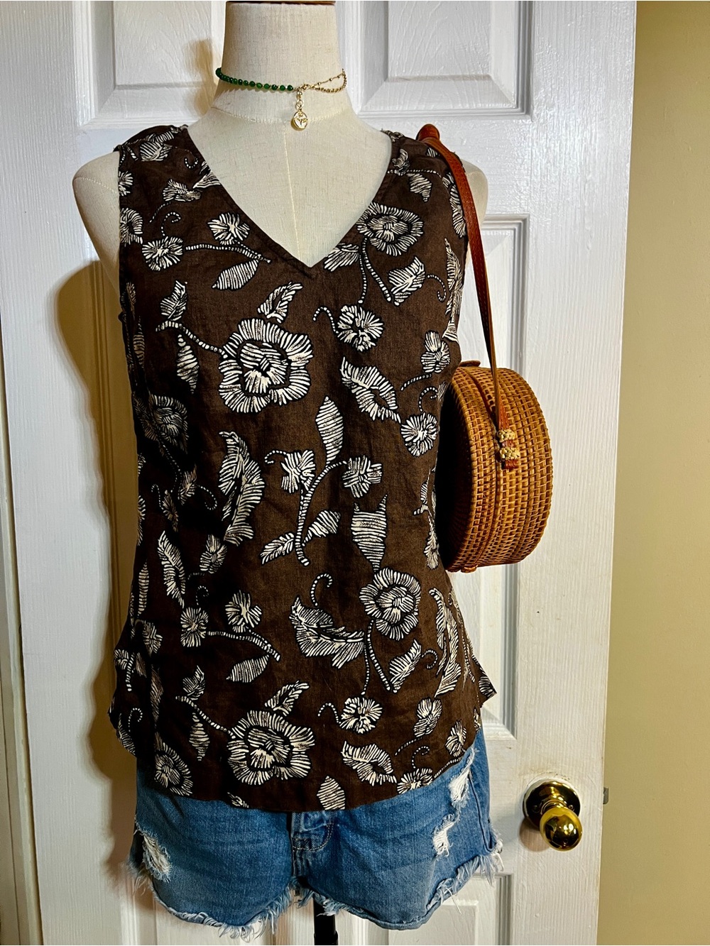 Saks Fifth Ave Folio Wms Brown Floral V Neck Linen Sleeveless Summer Top S